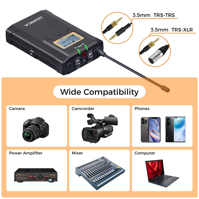 COMICA ميكروفون لافاليير لاسلكي، مع حقيبة حمل، نظام ميكروفون مزدوج CVM-WM100 PLUS UHF 48 قناة لكاميرات DSLR، وكاميرات XLR، والهاتف، وميكروفون لاف للمقابلات وتصوير فيديو يوتيوب - Image 5